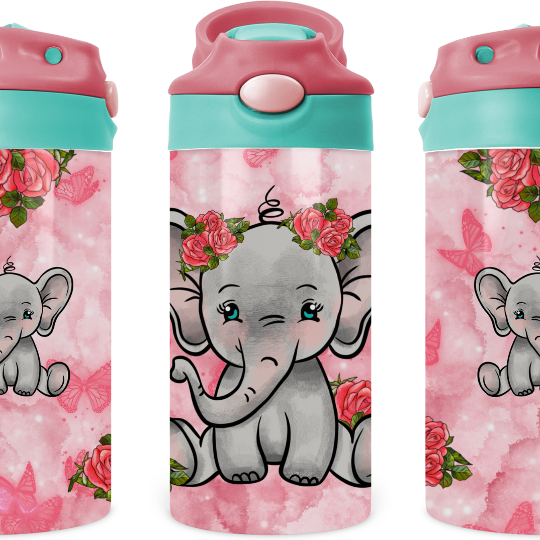 Baby Elephant With Roses Kids 12 oz Water Bottle Flip Top