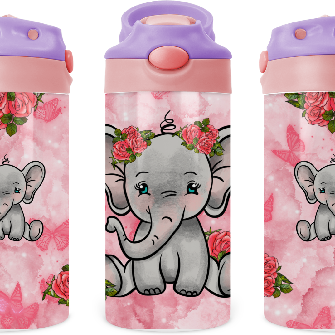Baby Elephant With Roses Kids 12 oz Water Bottle Flip Top
