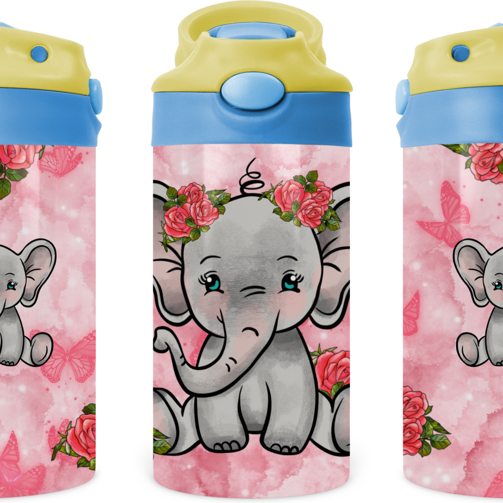 Baby Elephant With Roses Kids 12 oz Water Bottle Flip Top