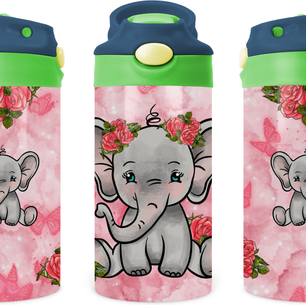 Baby Elephant With Roses Kids 12 oz Water Bottle Flip Top