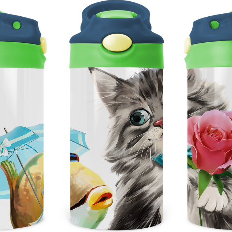 Cat & Fish Cute Kids 12 oz Water Bottle Flip Top