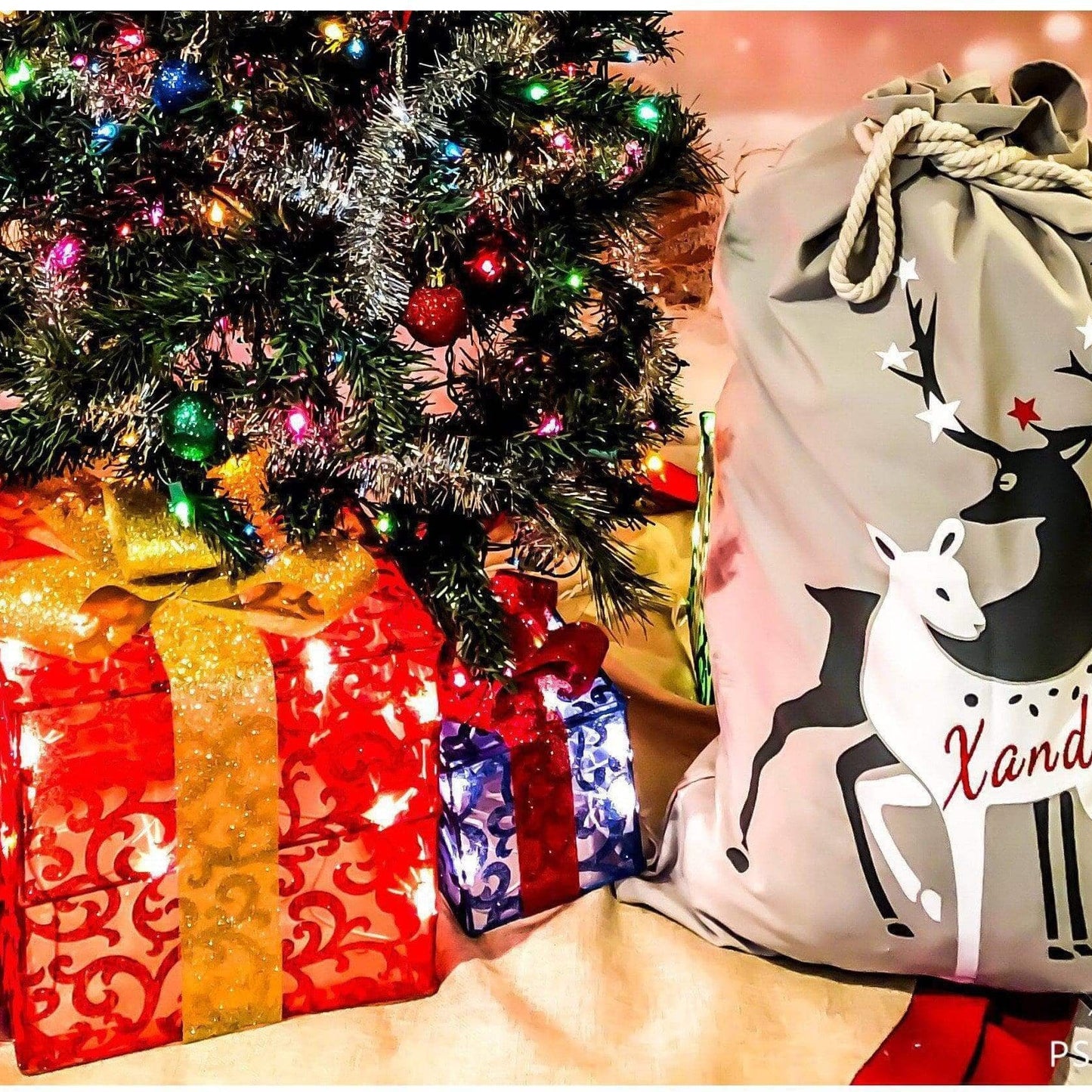 Gray Reindeer Santa-Sack-Personalized-Embroidered
