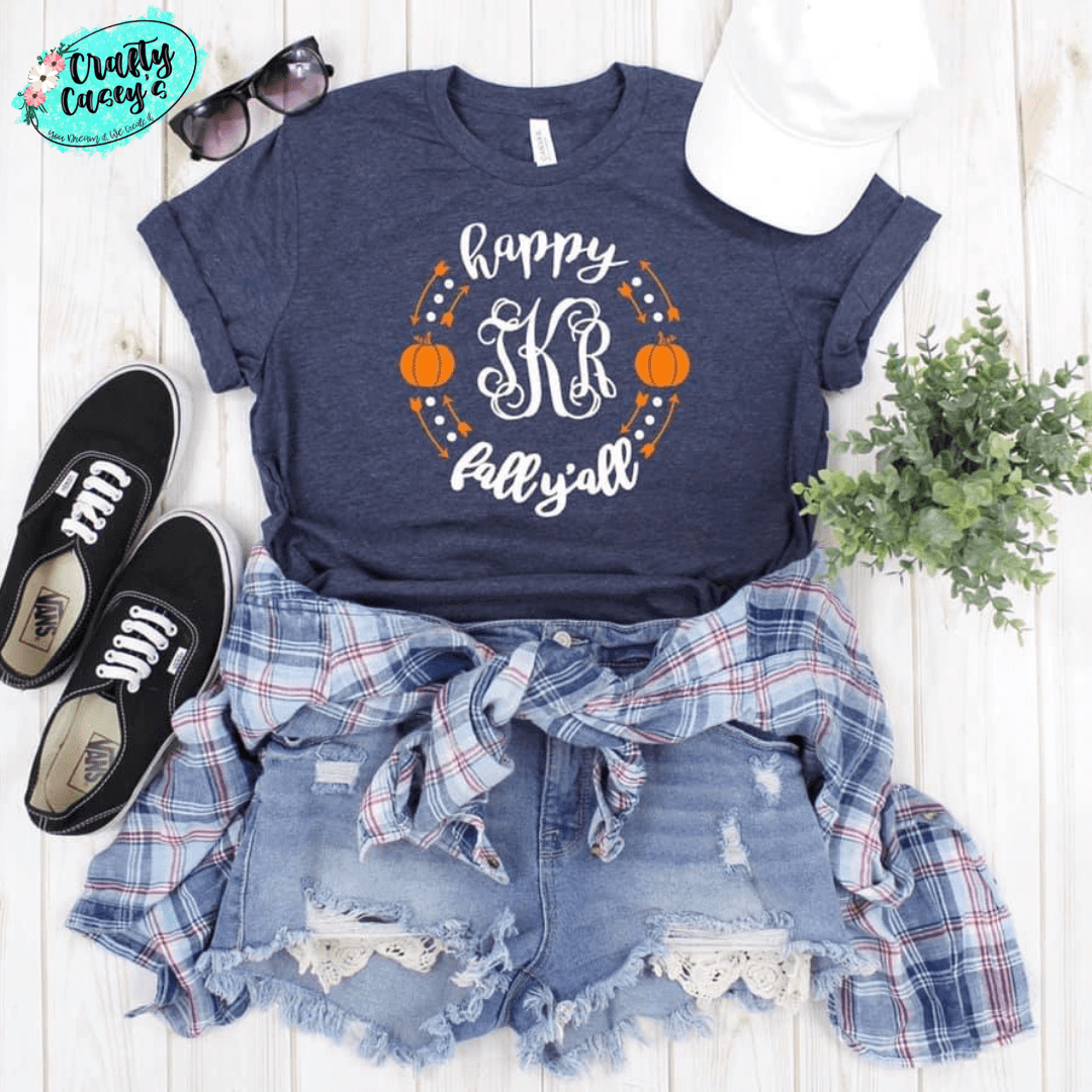 Crafty Casey's Fall Women's Unisex Tee's S / Heather Navy / Short Sleeve Happy Fall Y'all Monogramed Women's Bella Canvas-Unisex T-shirts