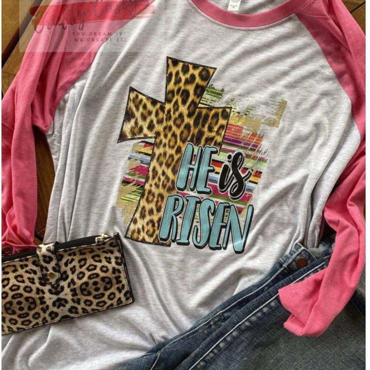 He Has Risen Leopard Cross- Easter-Raglan