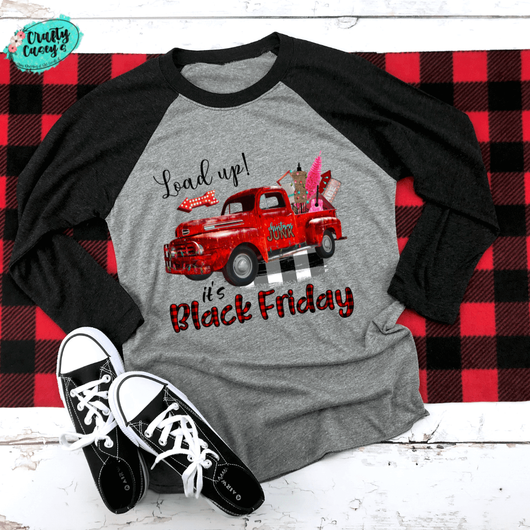 Crafty Casey's Christmas 3/4 Sleeves Raglan S / Black/Grey / Raglan Load Up Black Friday Red Truck Christmas- Unisex Graphic Bella-Canvas Raglan