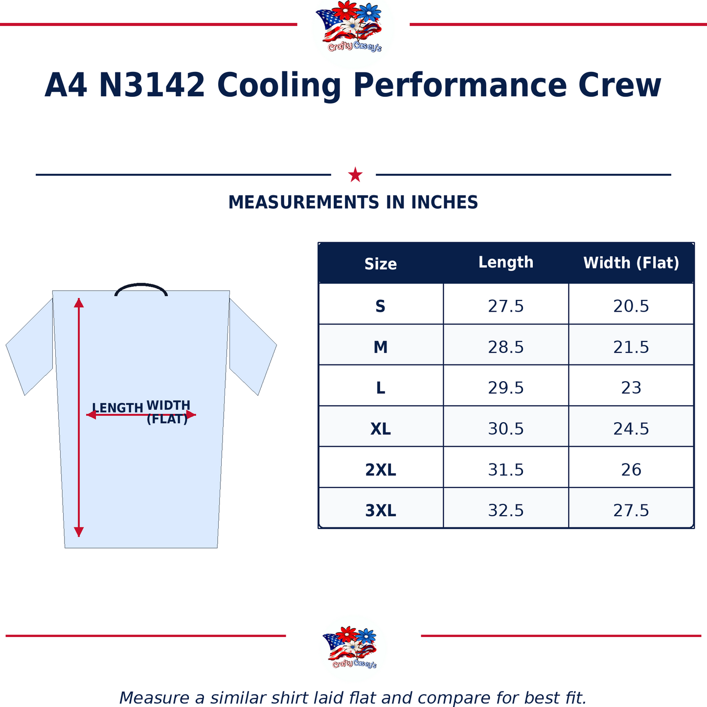Size chart for Nautical Salute Tired Vet Green A4 Cooling Performance Short Sleeve Tee