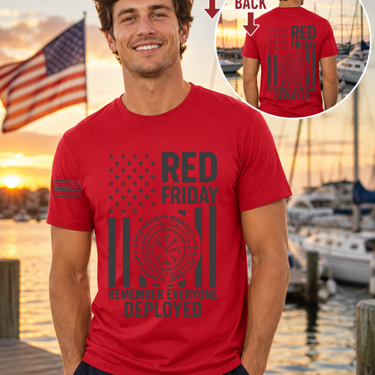 Nautical Salute RED Friday red District Perfect Tri Tee mockup showing front back placement on marina sunset background