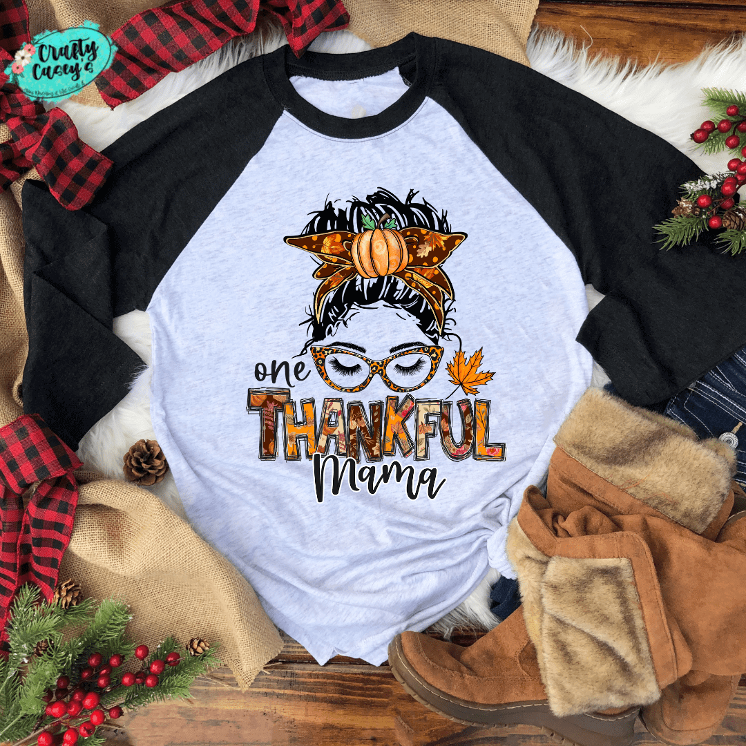 Crafty Casey's Thanksgiving Raglan S / Blk/White / Raglan One Thankful Mama Mom Skull - Unisex Graphic Bella-Canvas Raglan