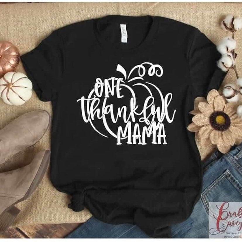 Crafty Casey's Thanksgiving Women's Unisex Tee's S / Black / Short Sleeve One Thankful Mama Pumpkin-Unisex Bella+Canvas T-shirts