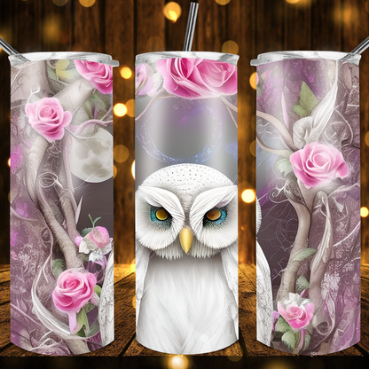 Owl With Pink Rosed Drink Tumbler