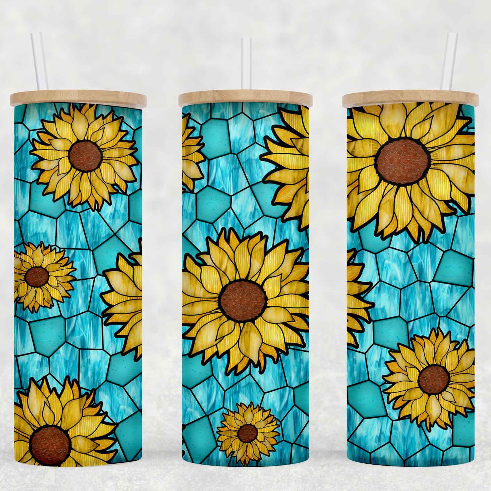 Sunflower Design 16oz Frosted Glass Can Cup with Bamboo Lid and