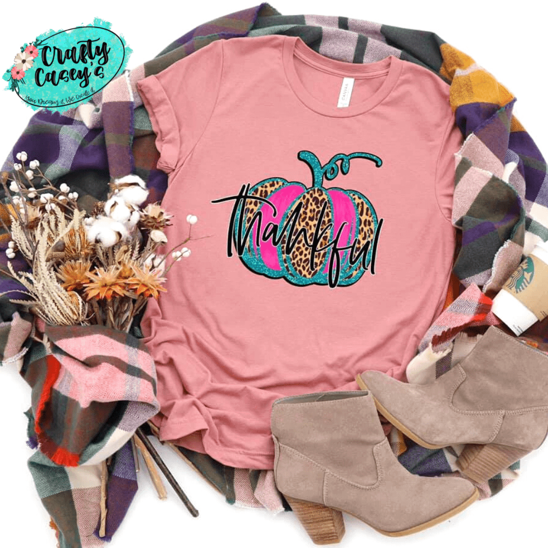 Thankful Leopard Pink Teal Pumpkin Fall T-shirts