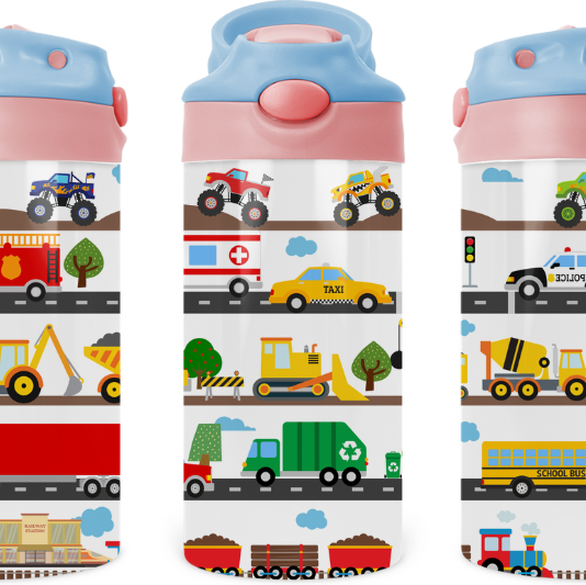 Trains, Planes, Automobiles kids 12 oz Water Bottle Flip Top