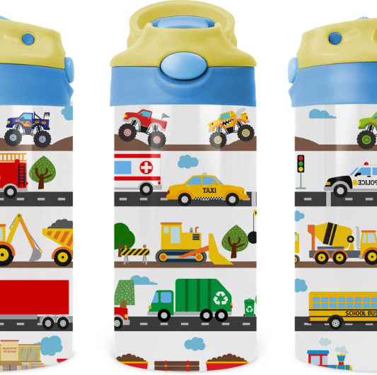 Trains, Planes, Automobiles kids 12 oz Water Bottle Flip Top