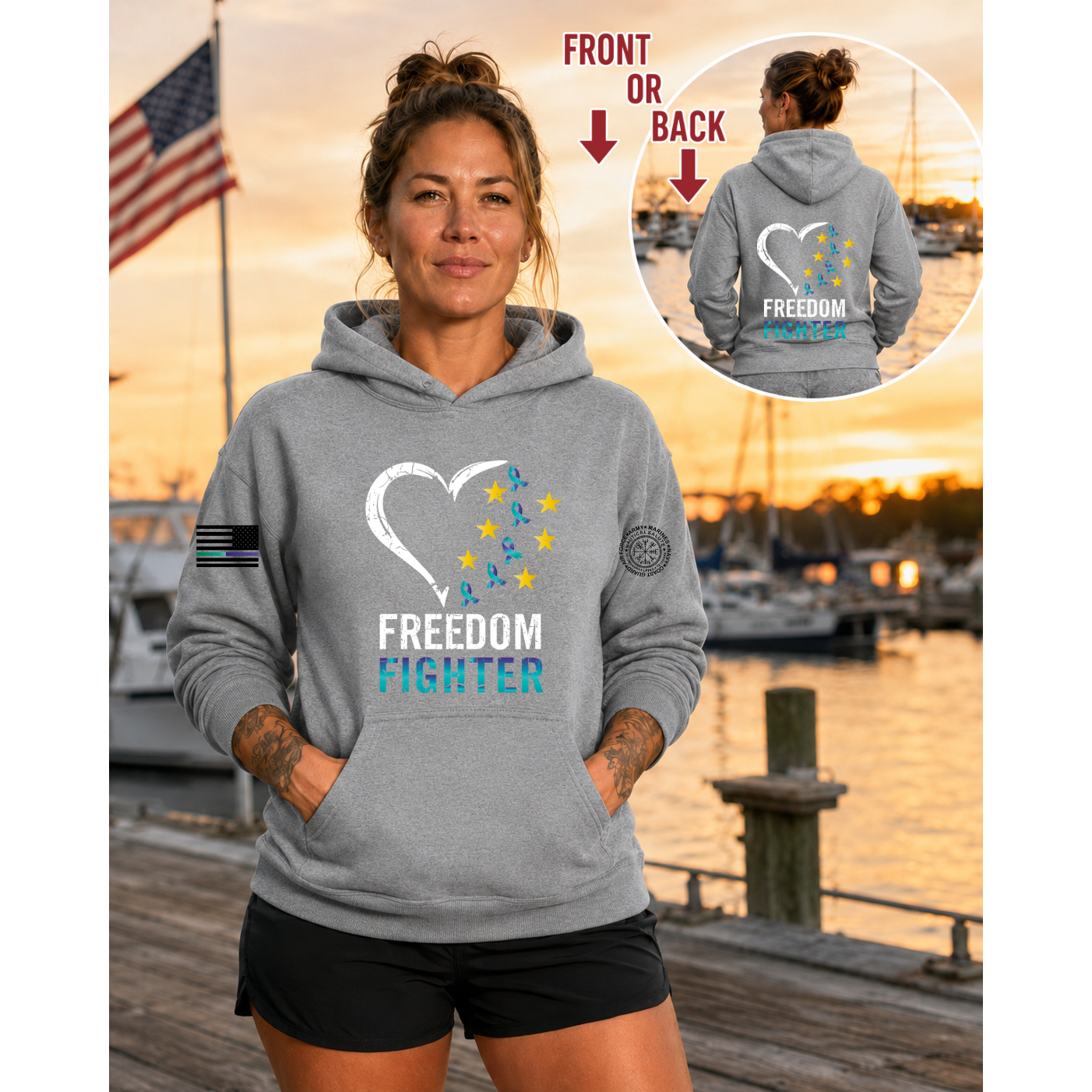 Nautical Salute Freedom Fighter District Perfect Weight Fleece Hoodie in Grey on marina sunset mockup for Nautical Salute
