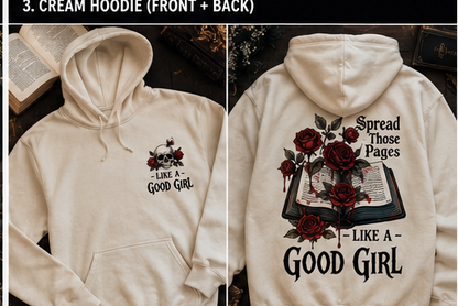 Collection of 'Like a Good Girl' merchandise including t-shirts, hoodies, and tumblers with gothic design elements.