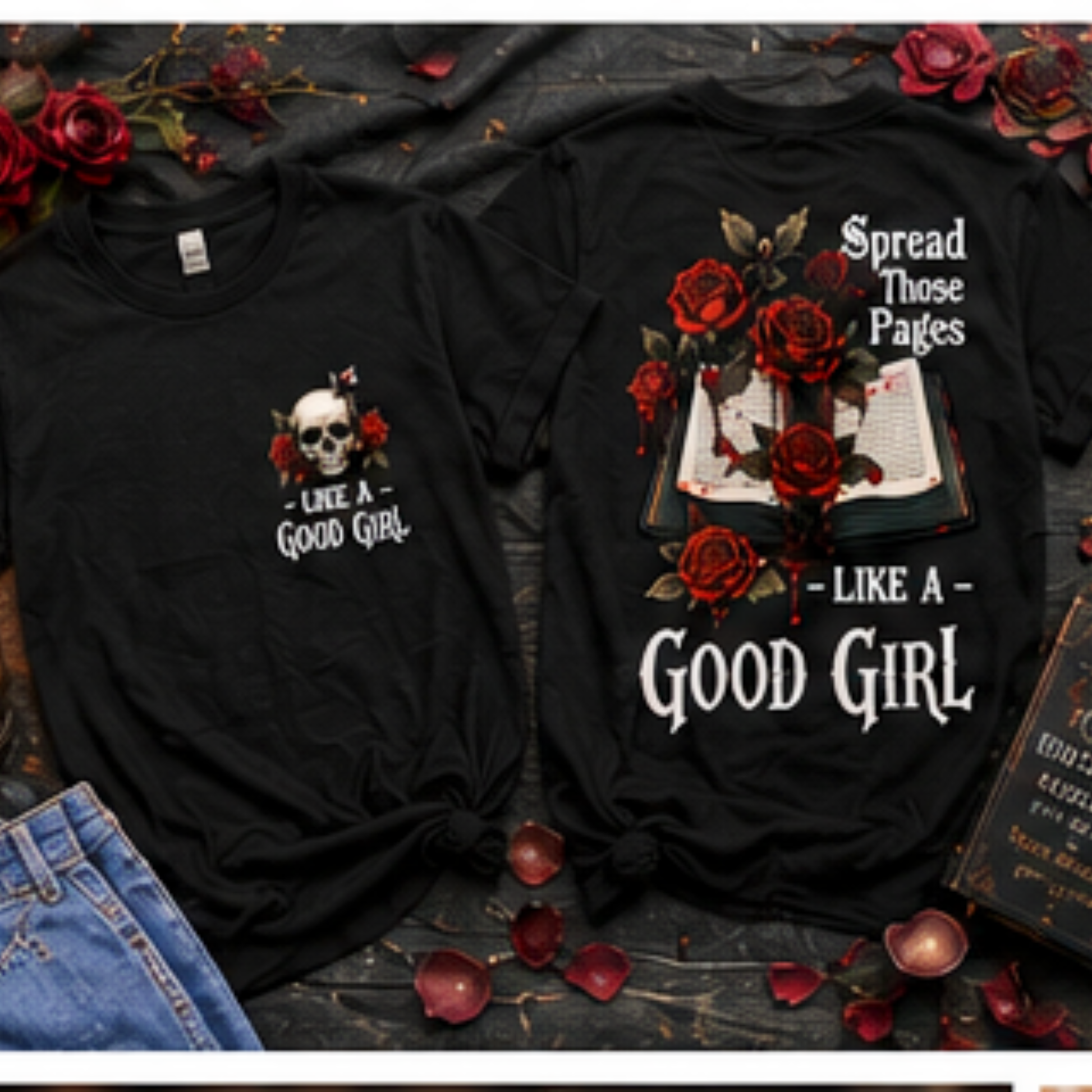 Two black t-shirts with graphic designs and text on a dark surface with flowers and books.