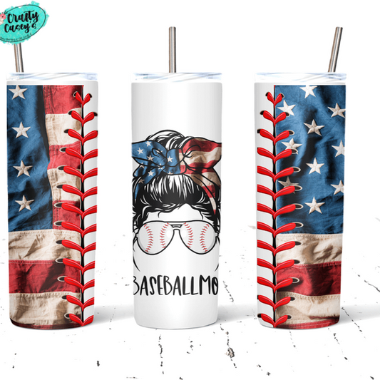 American Mom Messy Bun Baseball Mom -Patriotic Drink Insulated Tumbler Crafty Casey's