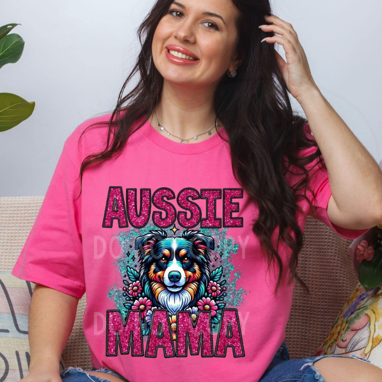 Aussie Dog Mama Faux Glitter Tee