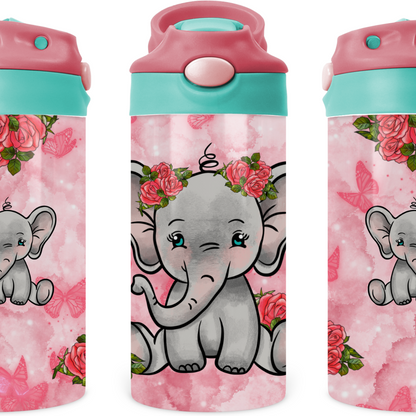 Baby Elephant With Roses Kids 12 oz Water Bottle Flip Top