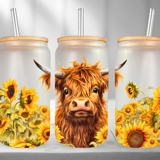 Baby Highland Cow Sunflower Glass Beer Can