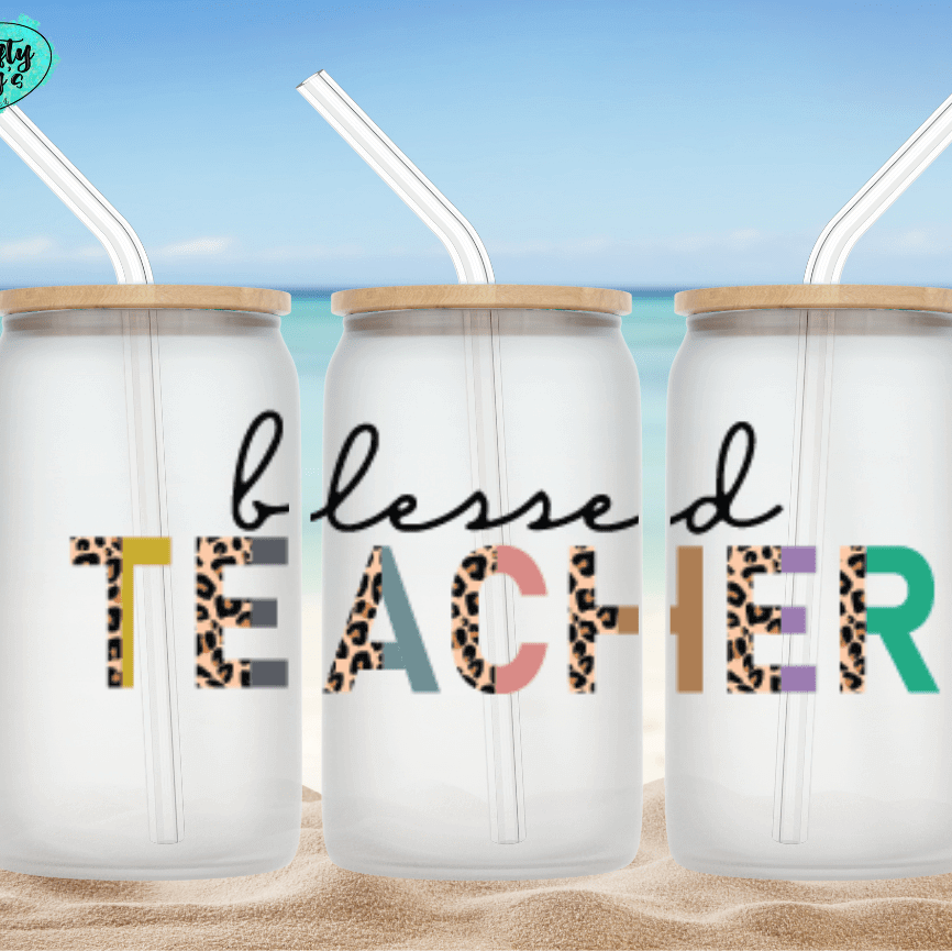 Blessed Teacher Leopard Colorful Beer Can Glasses