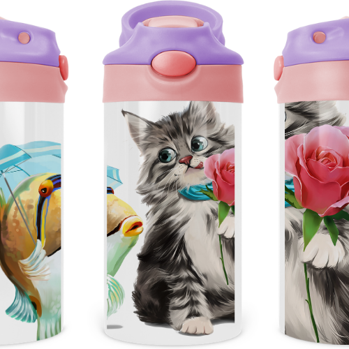 Cat & Fish Cute Kids 12 oz Water Bottle Flip Top
