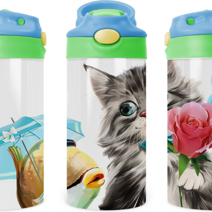 Cat & Fish Cute Kids 12 oz Water Bottle Flip Top