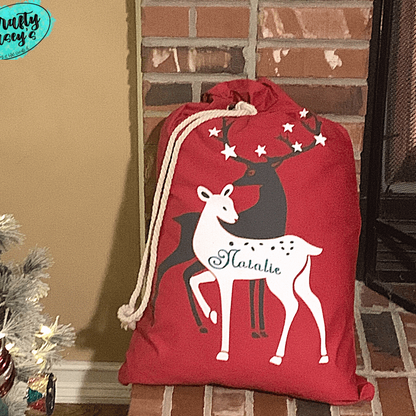 Christmas Red Reindeer Santa-Sack Personalized-Embroidered-Gift Bag