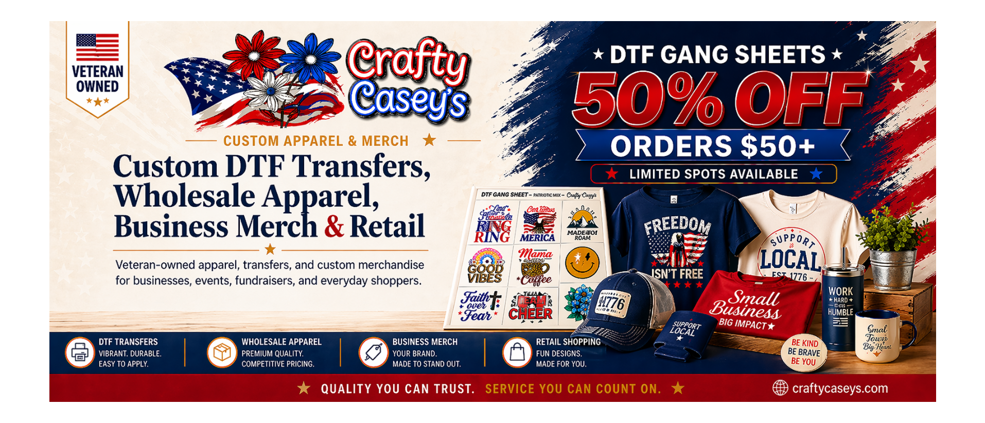 Promotional banner for Crafty Casey's with custom apparel and merchandise, featuring a 50% off offer.