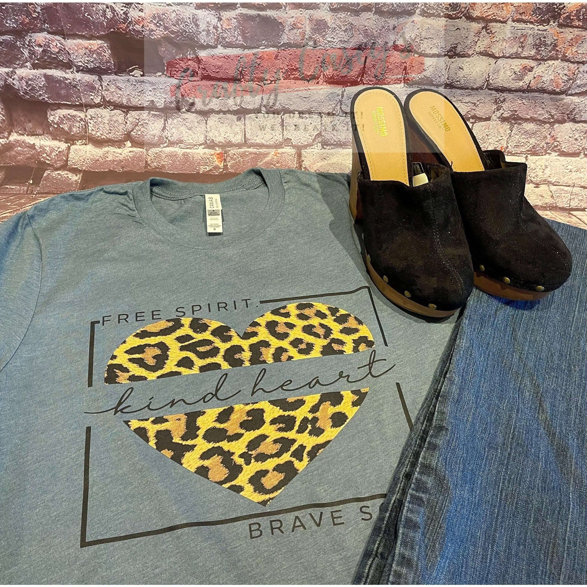 Crafty Casey's Inspirational Unisex T-shirt Free Spirit, Kind Heart, Brave Leopard Print - Women's Unisex Fall T-shirts