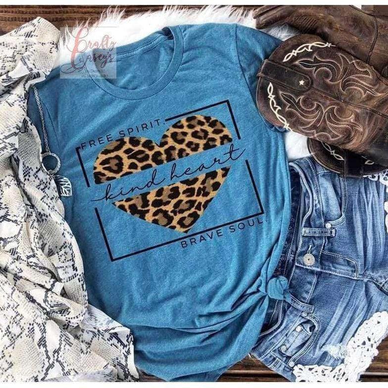 Crafty Casey's Inspirational Unisex T-shirt S / Columbia Blue Free Spirit, Kind Heart, Brave Leopard Print - Women's Unisex Fall T-shirts