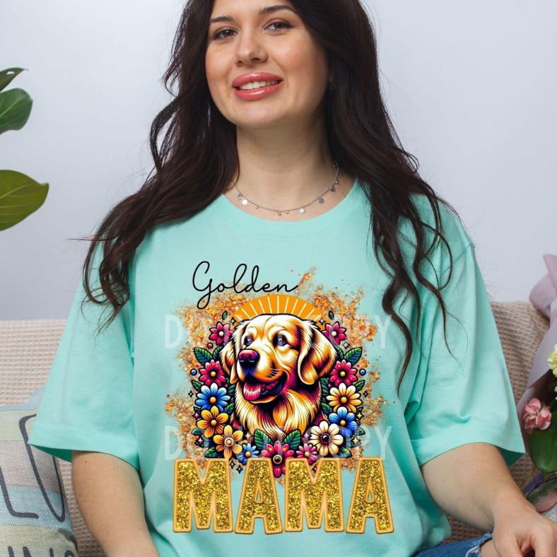 Golden Retriever Dog Mama Faux Glitter Tee