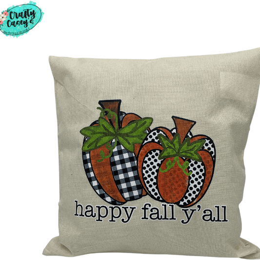 Crafty Casey's Fall, Halloween, Thanksgiving Pillow Cover 18x18 in / Crème Happy Fall Y'all  Plaid Pumpkin - Fall Home Decor Throw Pillow Cover