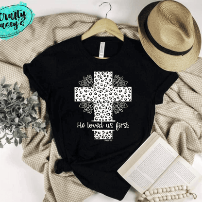 He Loved Us First White Cheetah Cross Easter Spiritual Tee