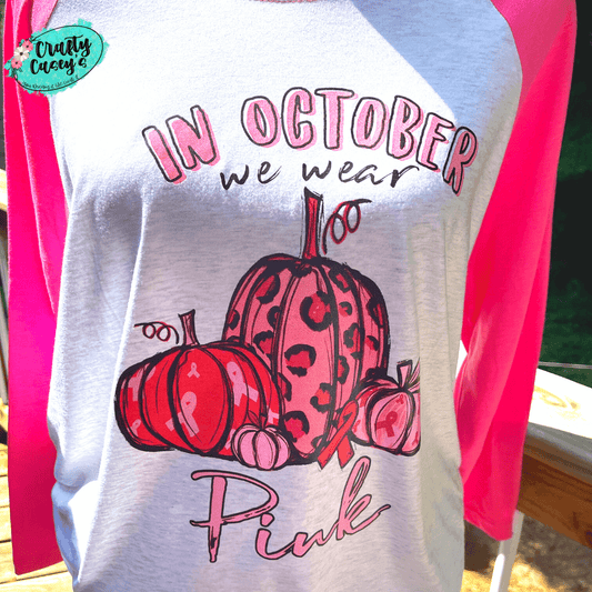 Crafty Casey's Breast Cancer 3/4 Sleeves Raglan In October We Wear Pink- Leopard Pumpkin Breast Cancer Awareness- Unisex-3/4 Sleeve Raglans