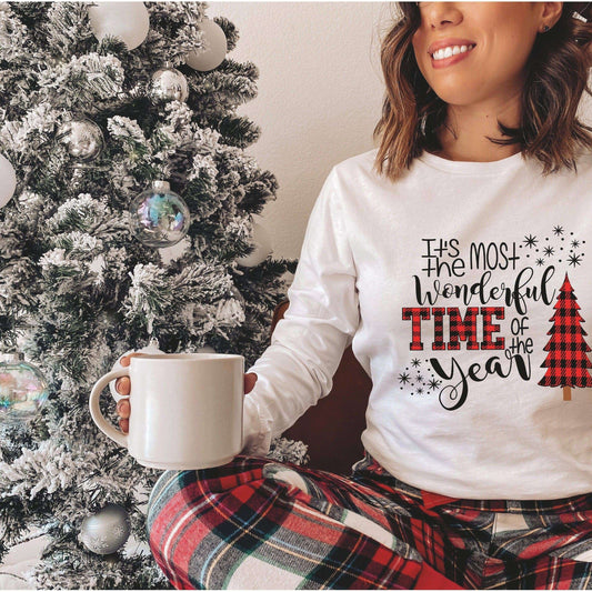 It's The Most Wonderful Time Of The Year Buffalo Plaid Tree- Long Sleeve