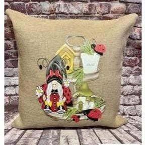 Lady Bug Gnome - Burlap Throw Pillow Cover