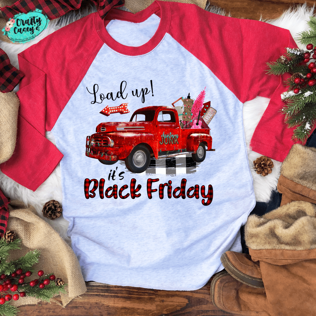 Crafty Casey's Christmas 3/4 Sleeves Raglan S / Red/White / Raglan Load Up Black Friday Red Truck Christmas- Unisex Graphic Bella-Canvas Raglan