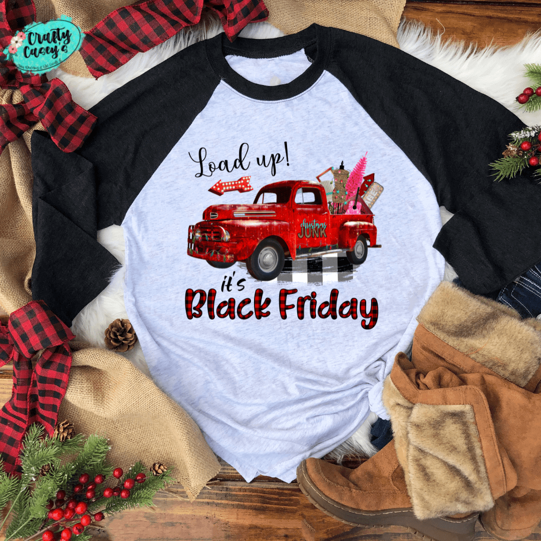 Crafty Casey's Christmas 3/4 Sleeves Raglan S / Blk/White / Raglan Load Up Black Friday Red Truck Christmas- Unisex Graphic Bella-Canvas Raglan
