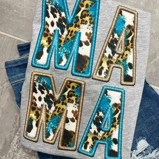 MAMA FAUX Teal Cheetah Print Embroidery Tee