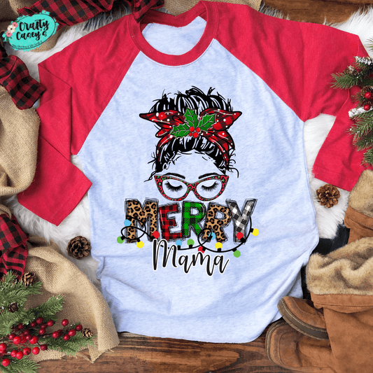 Merry Christmas Mama Lights Messy Bun Raglan