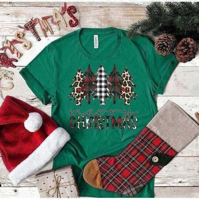 Merry Christmas Trees Buffalo Leopard Plaid T-shirt.