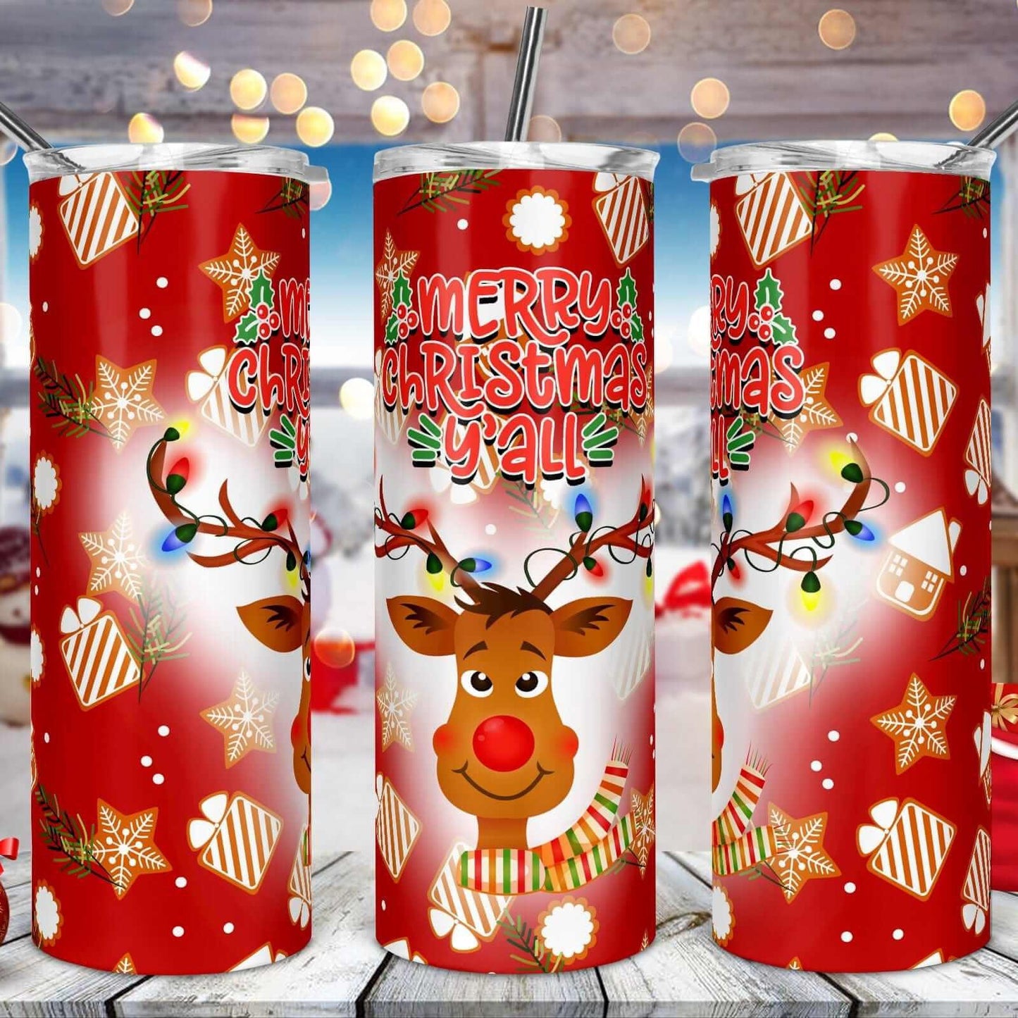 Merry Christmas Y'all Reindeer Drink Tumbler