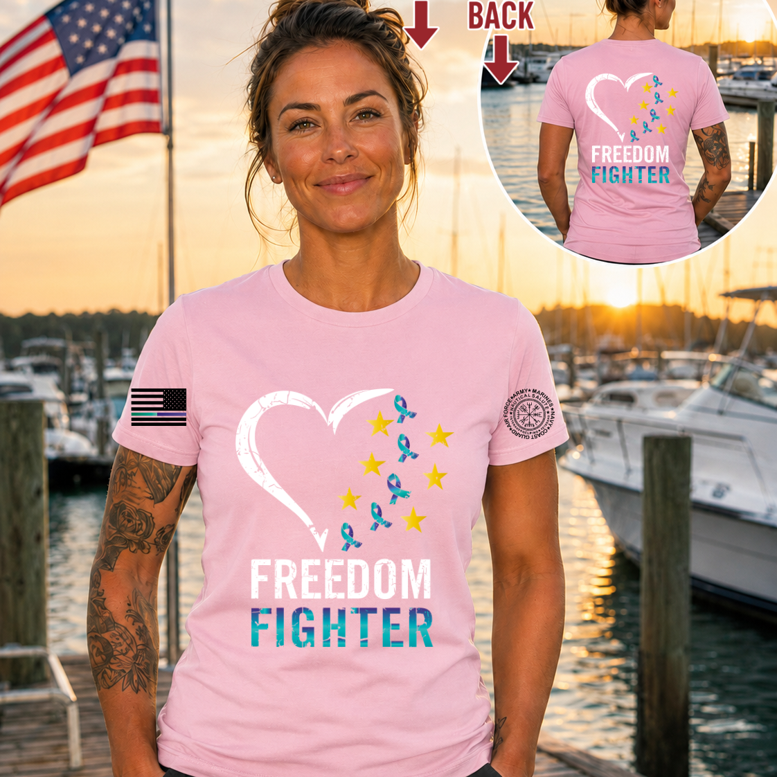 Nautical Salute Freedom Fighter District Perfect Tri Tee in Light Pink on marina sunset mockup for Nautical Salute