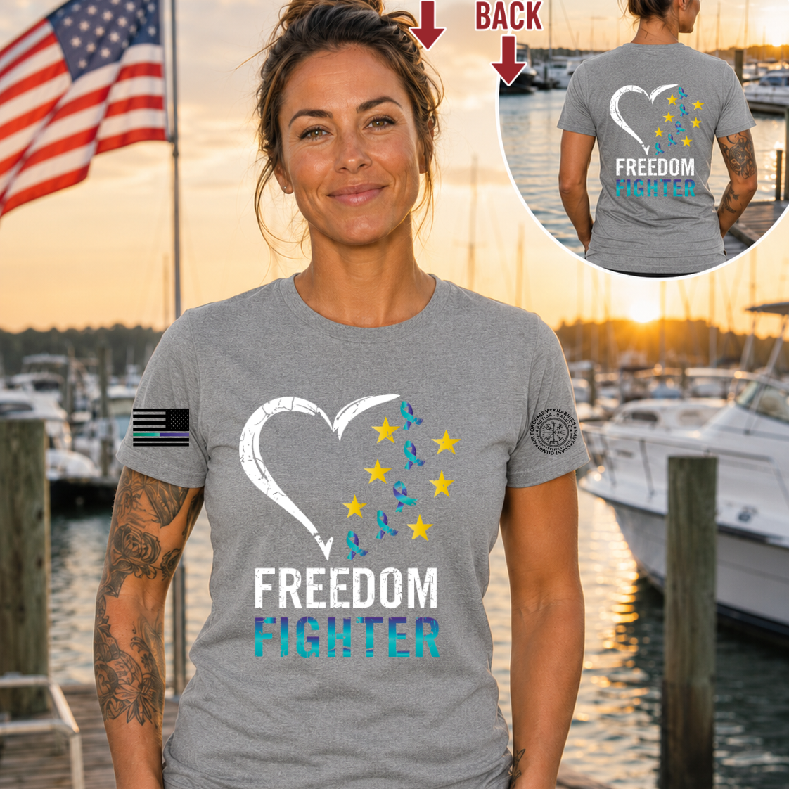 Nautical Salute Freedom Fighter District Perfect Tri Tee in Grey on marina sunset mockup for Nautical Salute