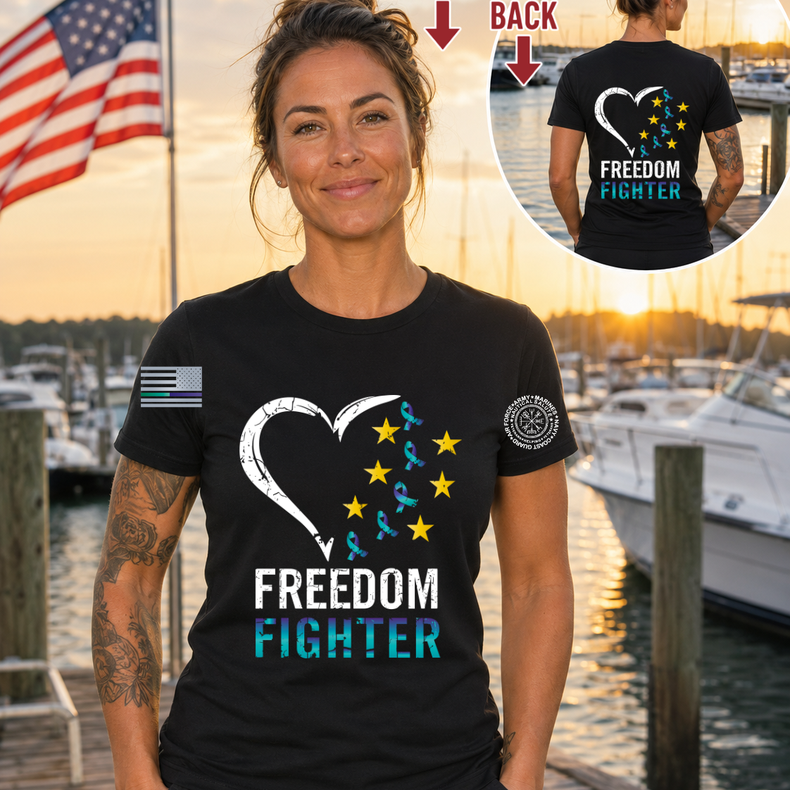 Nautical Salute Freedom Fighter District Perfect Tri Tee in Black on marina sunset mockup for Nautical Salute