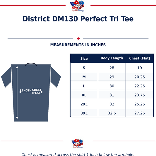Size chart for Nautical Salute Tired Vet Green District Perfect Tri Tee