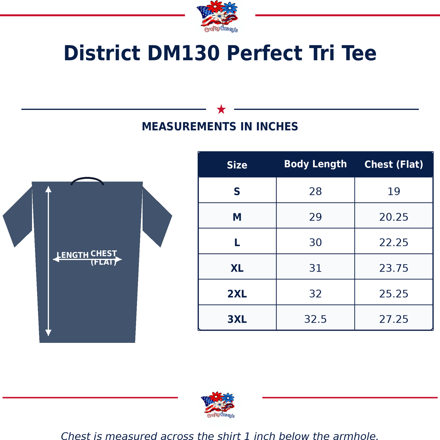 Size chart for Nautical Salute Tired Vet Green District Perfect Tri Tee
