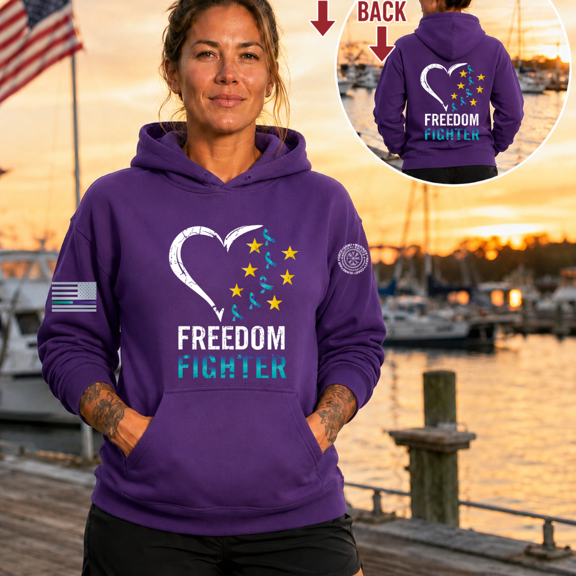 Nautical Salute Freedom Fighter District Perfect Weight Fleece Hoodie in Purple on marina sunset mockup for Nautical Salute